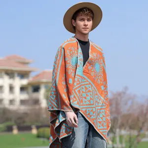 Retro Herren Jacquard-Poncho mit böhmischem Geometriemuster für Outdoor-Street-Style