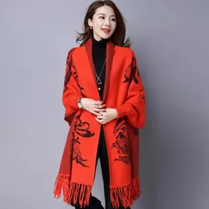 Elegant red knit cloak shawl with sleeves and tassel fringe for women