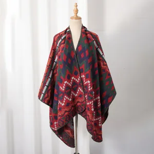 Detailed view of a men's winter knitted shawl poncho with geometric ethnic patterns