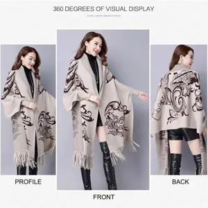 Women's elegant knit poncho shawl with ornamental patterns and decorative tassel trim