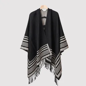 Men's knitted poncho featuring a classic striped pattern and elegant fringe details