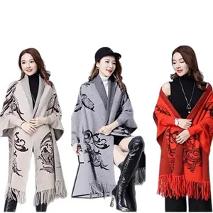 Elegant knitted shawl poncho with sleeves and tassels for women available in three colors