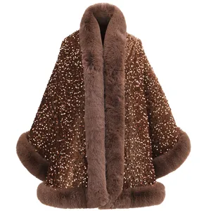 Eleganter brauner Pailletten-Kurzmantel mit verdicktem Plüschkragen für Wintermode-Stile