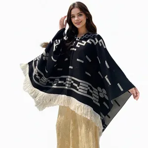 Damen Geometrischer Quasten Schal Poncho Gewebter Jacquard Lockerer Mittellanger Umhang Warmer Euro Amerikanischer Streetwear Mantel