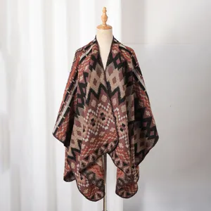 Detailed view of the warm knitted shawl poncho with ethnic geometric pattern for men