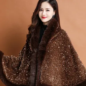 Eleganter Polyester Pailletten Schal Umhang Für Damen Kunstfell Besatz Dick Warm Winter Cape Cheongsam Abendgesellschaft