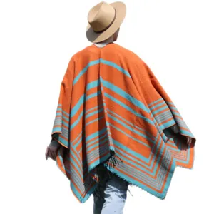 Men's knitted shawl poncho with orange and teal stripes and tassels for autumn winter.