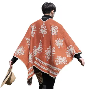 Herren Strickponcho Schal in Orange mit ethnischen Blumenmustern und warmem Winterdesign