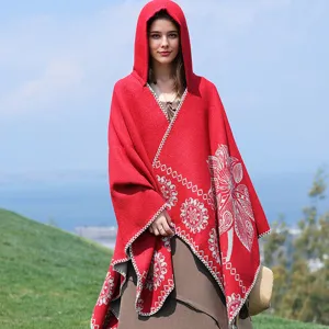 Roter Kapuzenponcho-Schal mit ethnischem Blumenmuster für Outdoor-Reisen und Wärme