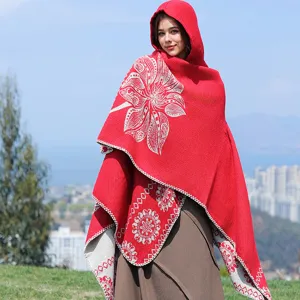 Damen Böhmisch Kapuzen Poncho Schal Ethno Jacquard Karo Cape Dick Strickwickel Strickjacke Winter Warm Reisen Oberteil