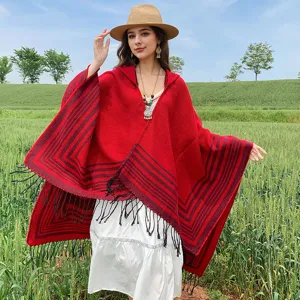 Elegant red striped knit hooded shawl with black tassels for outdoor travel warmth