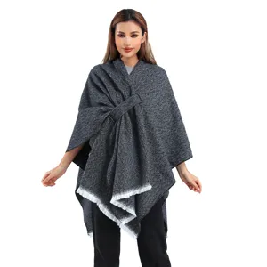 Women Knitted Poncho Shawl Asymmetric Jacquard Side Tie Cape Tassel Hem Polyester Wrap Winter Outdoor Warm Shoulder Cover