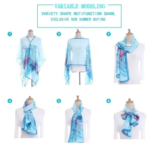 Versatile floral printed chiffon shawl scarf showing six different styling and wearing methods