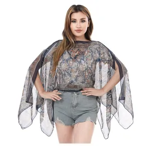 Front view of paisley chiffon cover-up worn by model on a plain white background