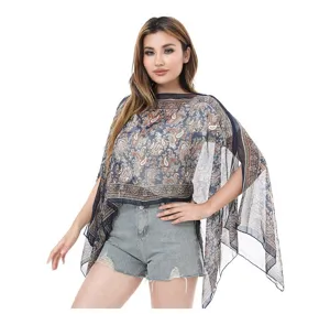 Detailed view of flowy paisley print chiffon beach cover-up providing sun protection