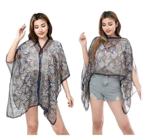 Bohemian paisley print chiffon bikini cover-up shawl shown in two versatile beach styling options