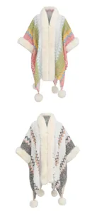 Ethnische Strickschals mit übergroßen Kunstpelzkragen aus Kaninchenimitat und Pompons