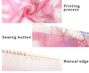 Detailed view of chiffon shawl printing, pearl button sewing, and manual edge stitching.