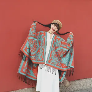 Vintage ethnic style thick warm knit shawl poncho with paisley pattern and long tassels