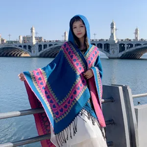 Ethnic style hooded shawl with pink heart patterns and black tassels for travel