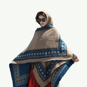 Ethnic style hooded shawl poncho with blue heart patterns and fringe for women