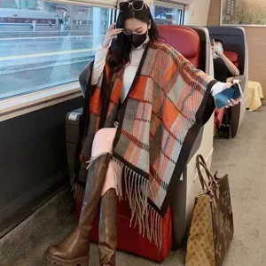 Damen Kariert Schal Umhang Weich Acryl Polyester Winter Warm Quasten Poncho Vorne Offen Cardigan Übergroß Reise Wrap Für Frauen