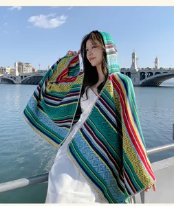 Bohemian colorful striped hooded knit poncho shawl for women travel fashion