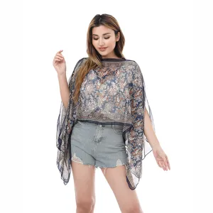 Elegant navy paisley print chiffon beach cover-up shawl for women summer swimwear