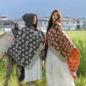 Ethnic Style Hooded Cape Thickened Warm Winter Shawl Fashion Travel Poncho Casual Soft Outerwear Women Scarf