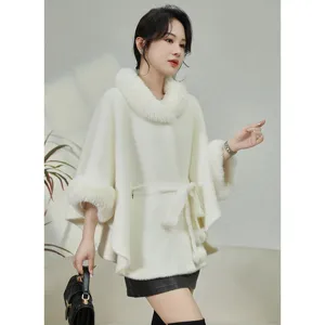 Elegant white faux mink fur poncho featuring a large plush collar and stylish belted waist line.