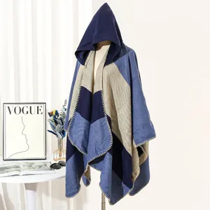 Striped color-block hooded knit poncho wrap shawl for women in blue and beige