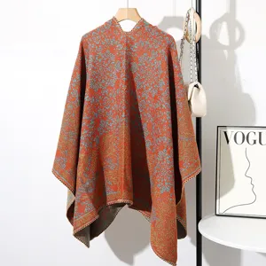 Châle poncho en maille chic avec motif floral vintage en orange rouille et bleu sarcelle