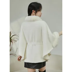 Elegant white faux mink fur shawl cape featuring a plush collar and waist belt back view