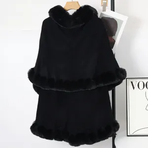 Elegant black faux fur collar knitted cape shawl with double-layer poncho detail