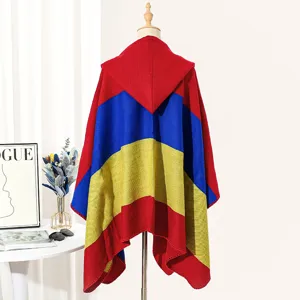 Detailed back view of a vibrant color-block hooded knit poncho displayed on a mannequin