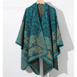 Châle poncho en tricot élégant avec motif floral vintage pour l'automne et l'hiver