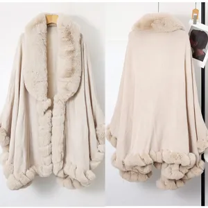 Front and back detail view of a beige women's cape shawl with plush faux fur collar