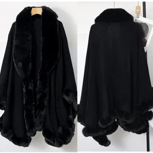 Detailed front and back view of a luxury black cape with a large faux fur collar