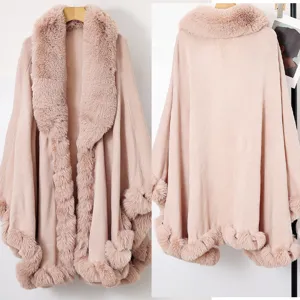 Detailed front and back view of an elegant pink women's poncho with a thick faux fur collar