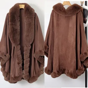Front and back detail views of a brown mid-length cape with a luxurious faux fur collar.