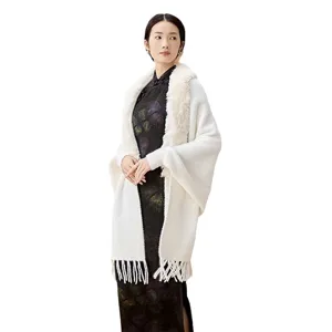 Elegante chal de piel sintética blanca con flecos para un vestido de novia chino