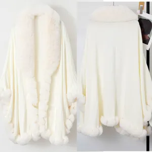 Detailed front and back view of an elegant white faux fur collar winter cape shawl