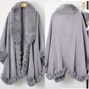 Front and back view of a grey faux fur collar cloak shawl for women winter warmth