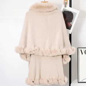Close-up back view of a beige knit shawl with soft faux fur trim