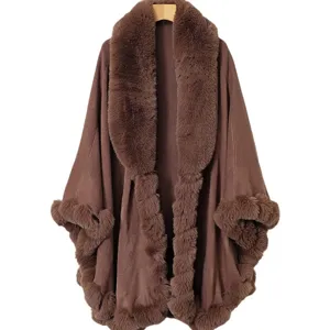 Elegant brown faux fur collar cloak shawl, mid-length winter poncho for women