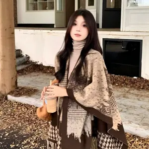 Vintage Ethnisch Polyester Gestrickt Poncho Schal Für Damen Gestreift Kariert Quaste Decke Umhang Warm Cape Oberbekleidung Reisen Geschenk