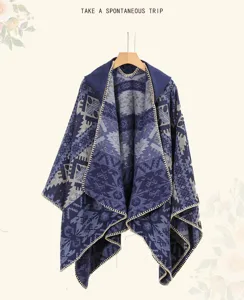 Detailed view of a bohemian retro hooded knit poncho featuring thick geometric patterns