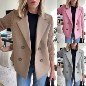 Cappotto da Donna Casual Monocolore Revers Doppiopetto in Misto Lana Lavorato a Maglia Manica Lunga