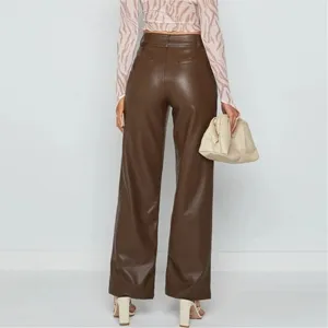 Women brown PU leather pants high waist straight leg trousers casual streetwear chic