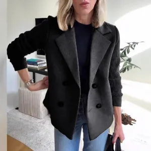 Donna nero maglia blazer doppio petto giacca di lana elegante per la primavera
